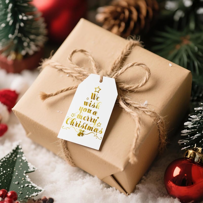 Alynta Christmas Gift Tags with String - Holiday Gift Tags Xmas Tag 50Pcs Gold Foil Merry Christmas Paper Tag for Christmas Presents Gift Wrapping Xmas Decorations (Christmas) - Image 5